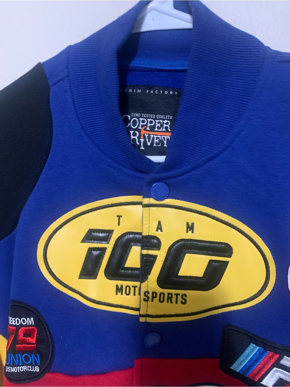 Kids Colorblock Racing Jacket with Speed Patches - Blue/Yellow/Red - Picture 4 of 6
